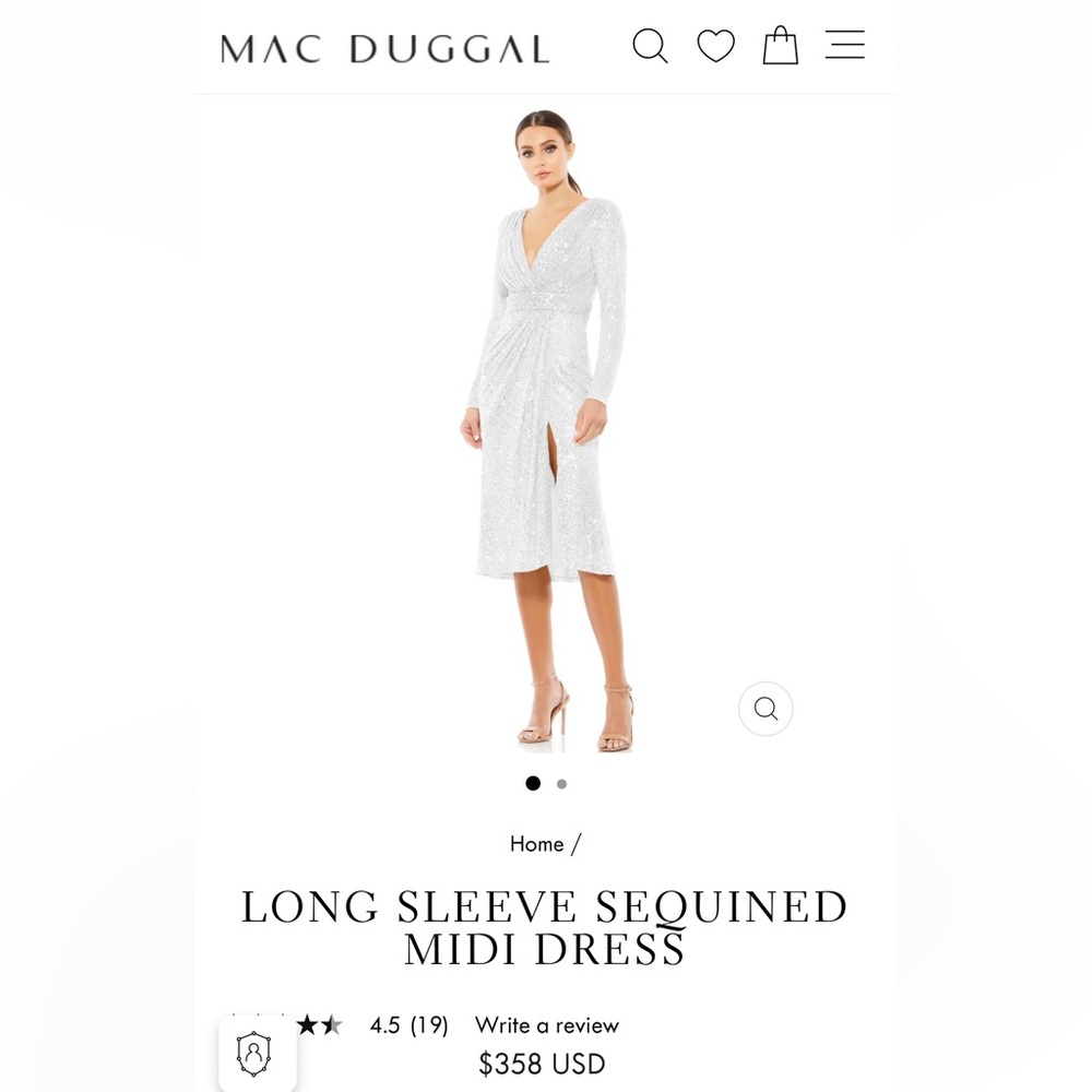 MAC DUGGAL 
LONG SLEEVE SEQUINED MIDI DRESS
Color: White
Size 12